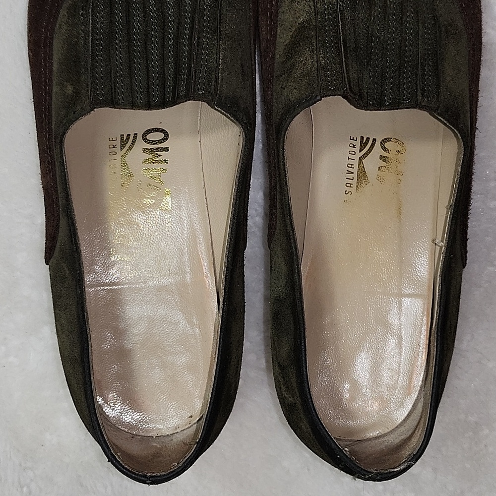 SalvatoreFerragamo Albia Vintage Chocolate Brown Green Suede Heel Loafers Sz8.5 - Picture 4 of 16